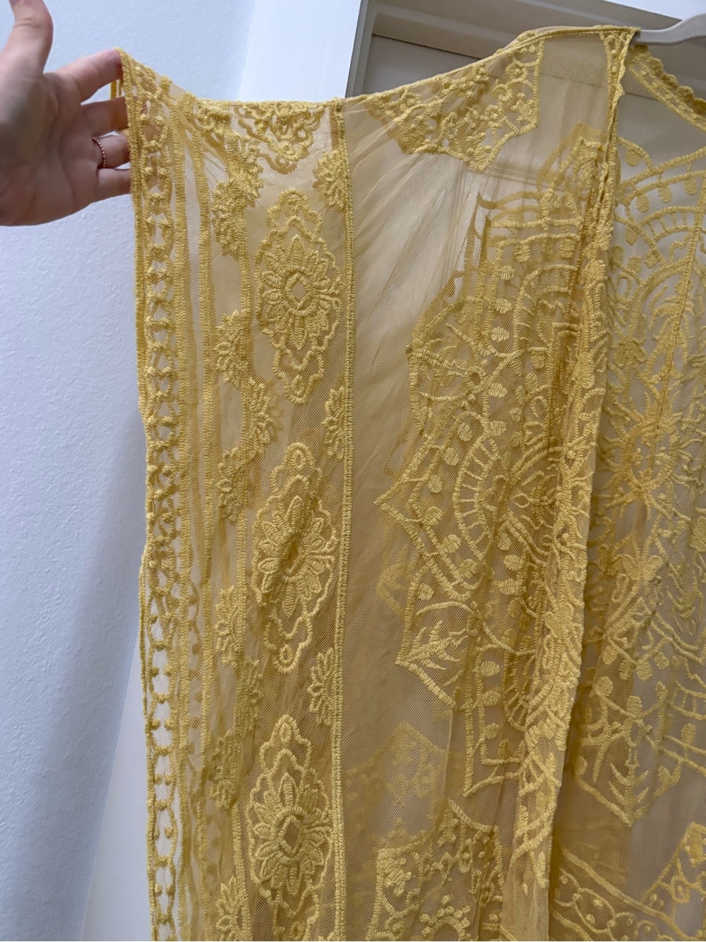 Mustard Yellow Sheer Embroidered Kimono Wrap - Picture 2 of 9